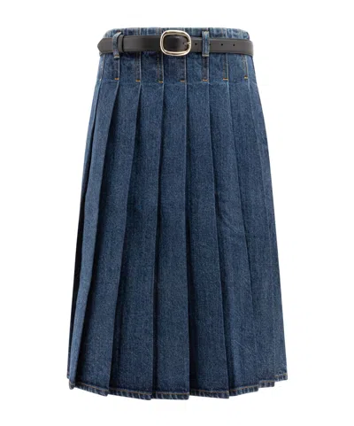 Self-portrait Waist Belted Pleated Skirt Zip Detail In Blue