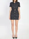 Self-portrait Womens Blue Crystal Short-sleeves Stretch-denim Blend Mini Dress In Blue