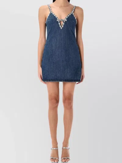 Self-portrait Blue Mini Dress With Bow Detail On The Front And Crystal Embellishment