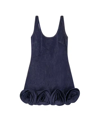 SELF-PORTRAIT DENIM MINI DRESS WITH 3D FLOWERS