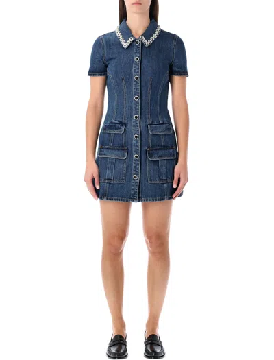 SELF-PORTRAIT SELF-PORTRAIT DENIM MINI DRESS WITH CRYSTAL-EMBELLISHED COLLAR