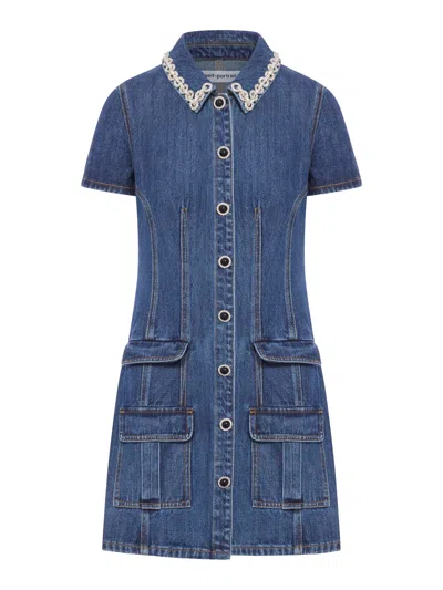 Self-portrait Denim Mini Dress With Jewel Applications In Blue