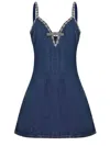 Self-portrait Blue Mini Dress With Bow Detail On The Front And Crystal Embellishment In Denim Woman In Blue