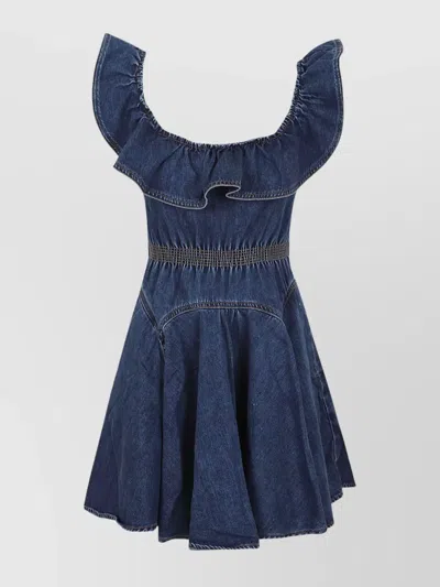 Self-portrait Denim Ruffle Mini Dress In Mid Blue