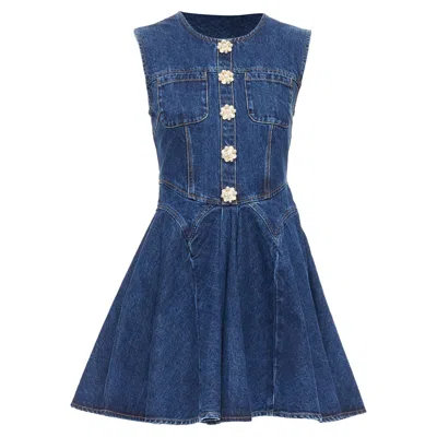 Self-portrait Self Portrait Denim Skater Cotton Buttons Mini Dress In Blue