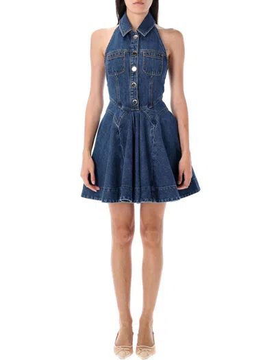 Self-portrait Denim Sleeveless Flared Mini Dress In Blue