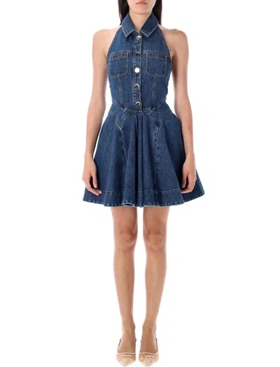 Self-portrait Denim Sleeveless Flared Mini Dress In Blue