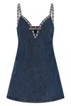 Self-portrait Blue Mini Dress With Bow Detail On The Front And Crystal Embellishment In Denim Woman In Blue