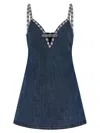 Self-portrait Blue Mini Dress With Bow Detail On The Front And Crystal Embellishment In Denim Woman In Blue