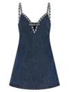 Self-portrait Blue Mini Dress With Bow Detail On The Front And Crystal Embellishment In Denim Woman In Blue