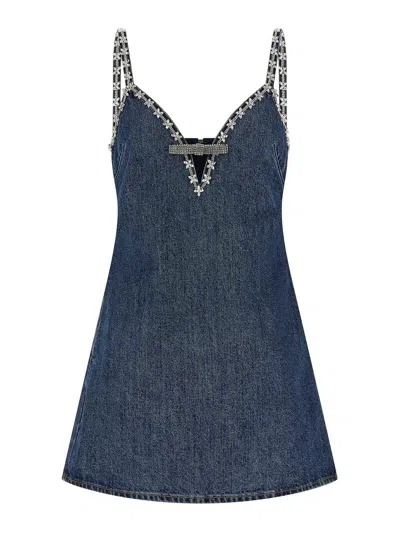 Self-portrait Blue Mini Dress With Bow Detail On The Front And Crystal Embellishment