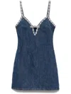 Self-portrait Blue Mini Dress With Bow Detail On The Front And Crystal Embellishment In Denim Woman