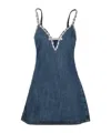 Self-portrait Blue Mini Dress With Bow Detail On The Front And Crystal Embellishment In Denim Woman In Blue