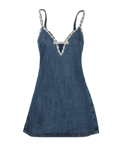 Self-portrait Blue Mini Dress With Bow Detail On The Front And Crystal Embellishment