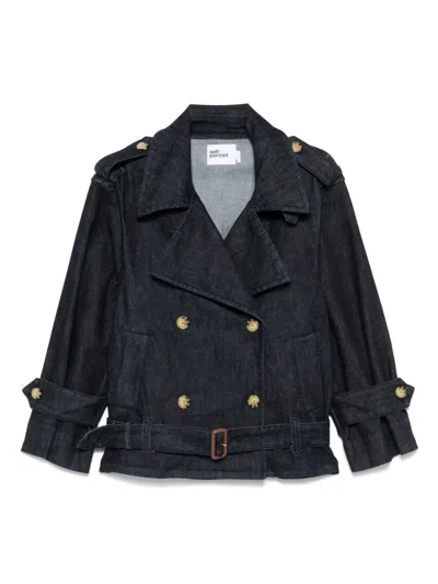Self-portrait Denim Trench Jacket In Blue