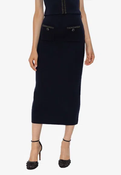 Self-portrait Diamanté Embellished Knitted Midi Skirt In Blue