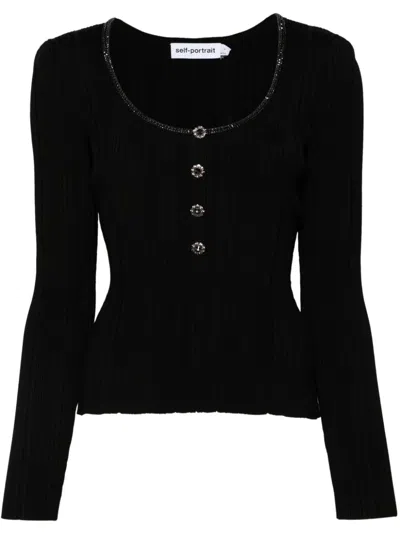 Self-portrait Self Portrait Women's Long-sleeved Top With Crystals In Black