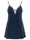 Self-portrait Blue Mini Dress With Bow Detail On The Front And Crystal Embellishment In Denim Woman In Blue
