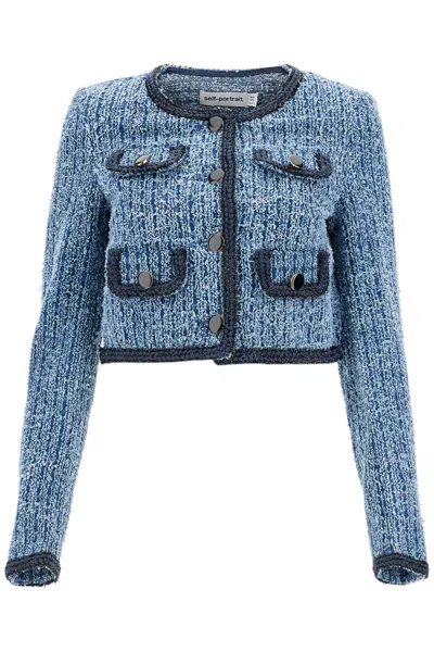 Self-portrait Blue Cropped Jacket With Patch Pocket In Textured Denim Woman