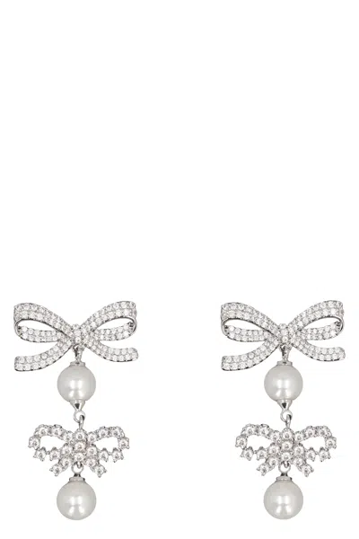 Self-portrait Double Bow Pearl Earrings In Silver