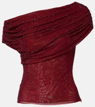 Self-portrait Draped Embellished Mesh Top In Burgundy