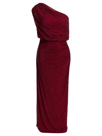 Self-portrait Draped Midi Dress With Rhinestones In Burgundy