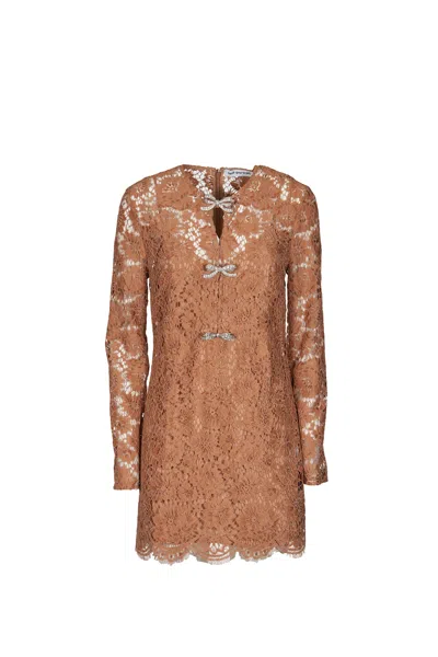 Self-portrait Tan Lace Bow Mini Dress Clothing In Brown