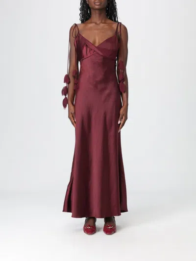Self-portrait Bordeaux Long Dress With Knotted Shoulder Straps And Floral Details In Fabric Woman In Burgundy