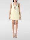 Self-portrait Yellow Crewneck Mini Dress With Jewel Embellishment On The Collar And Bow Detail On The Front In Tec In Nude