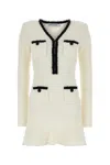 Self-portrait Textured White Dress With Beaded V-neckline In White