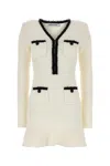 Self-portrait Textured White Dress With Beaded V-neckline In White
