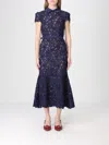 Self-portrait Guipure Blue Long Dress With Lace Design And Adjustable Waist Belt In Fabric Woman In Blue
