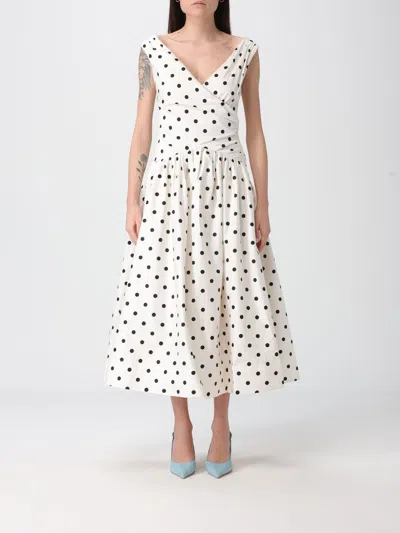 Self-portrait White Dress With All-over Polka Dot And Flared Skirt In Cotton Woman In Orange