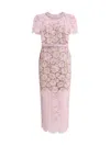 Self-portrait Pink Crewneck Midi Dress With All-over Lace Embroidery And Jewel Embellishment On The Collar In Cott