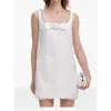 Self-portrait White Mini Dress With Square Neck And Bow Detail On The Front In Tech Fabric Woman