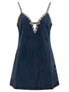 Self-portrait Blue Mini Dress With Bow Detail On The Front And Crystal Embellishment In Denim Woman