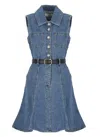 Self-portrait Dress Featuring Belted Waist And Front Pockets In Blue