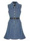 Self-portrait Dress Featuring Belted Waist And Front Pockets In Blue