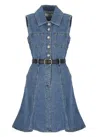 Self-portrait Dress Featuring Belted Waist And Front Pockets In Blue