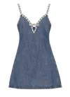 Self-portrait Blue Mini Dress With Bow Detail On The Front And Crystal Embellishment In Denim Woman In Blue