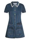 Self-portrait Denim Crystal Trim Collared Mini Dress In Blue