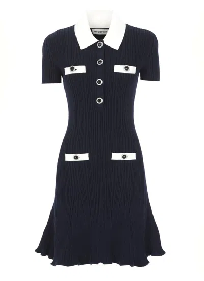 Self-portrait Flared Hem Dress Ribbed Texture In Black
