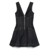Self-portrait Dark Denim Mini Dress With Deep V-neckline In Black