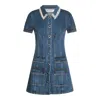 Self-portrait Denim Crystal Trim Collared Mini Dress In Blue