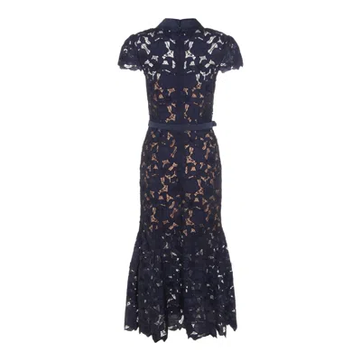 Self-portrait Guipure Blue Long Dress With Lace Design And Adjustable Waist Belt In Fabric Woman