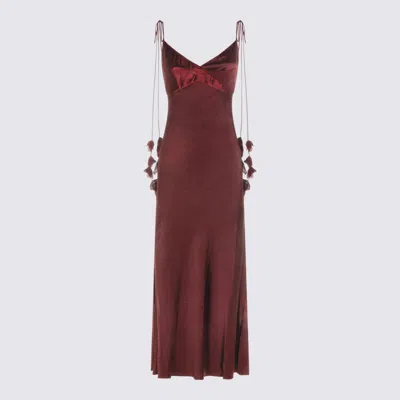Self-portrait Bordeaux Long Dress With Knotted Shoulder Straps And Floral Details In Fabric Woman In Burgundy