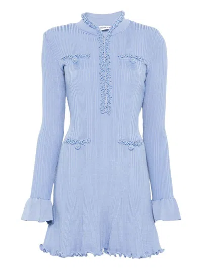 Self-portrait Self Portrait Mini Ribbed Knit Short Dress With Pearl Embellishments In Blue
