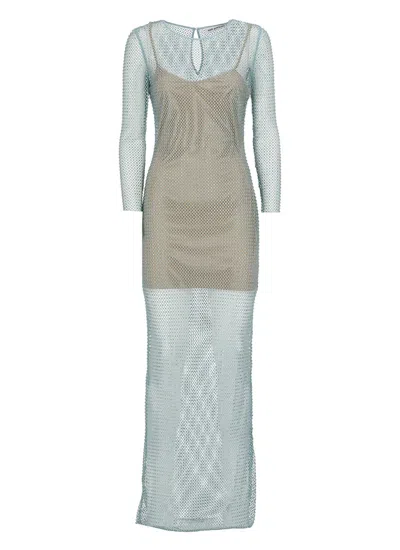 Self-portrait Multicolor Crystal Embellished Fishnet Dress In Green