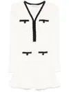 Self-portrait Textured White Dress With Beaded V-neckline In White