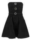 Self-portrait Strapless Black Cotton Denim Mini Dress With Jewel Button Detail In Black